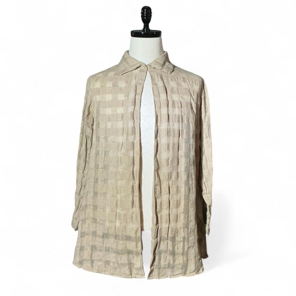 Limited‎ Linen Checkered Open Front Long Sleeve Coastal Sustainable Cardigan M